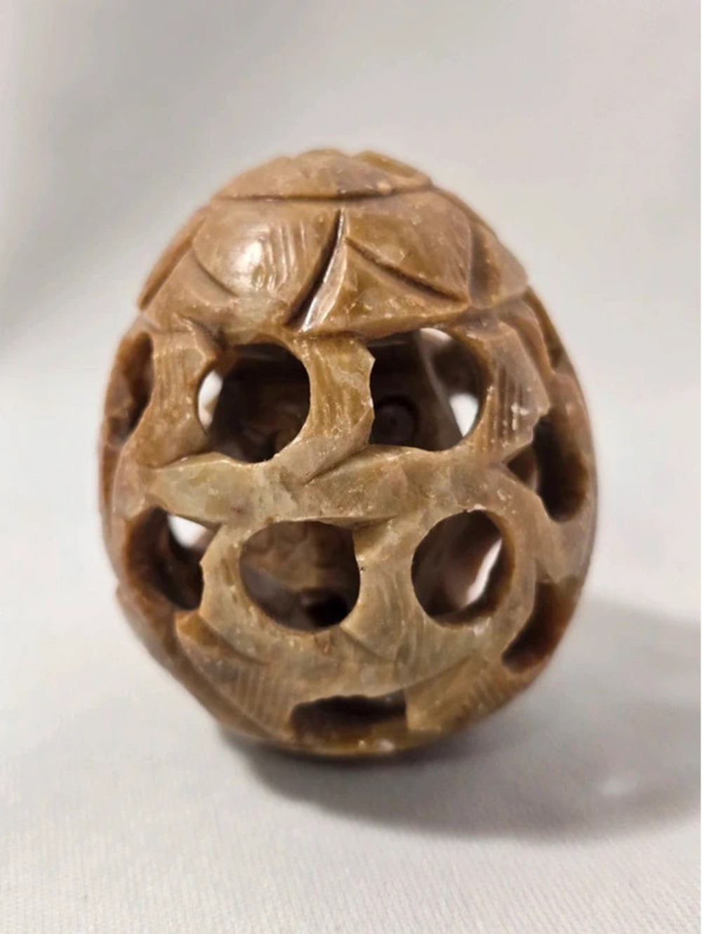 Carved Soapstone Owl in Openwork Floral Sphere Stone Figurine